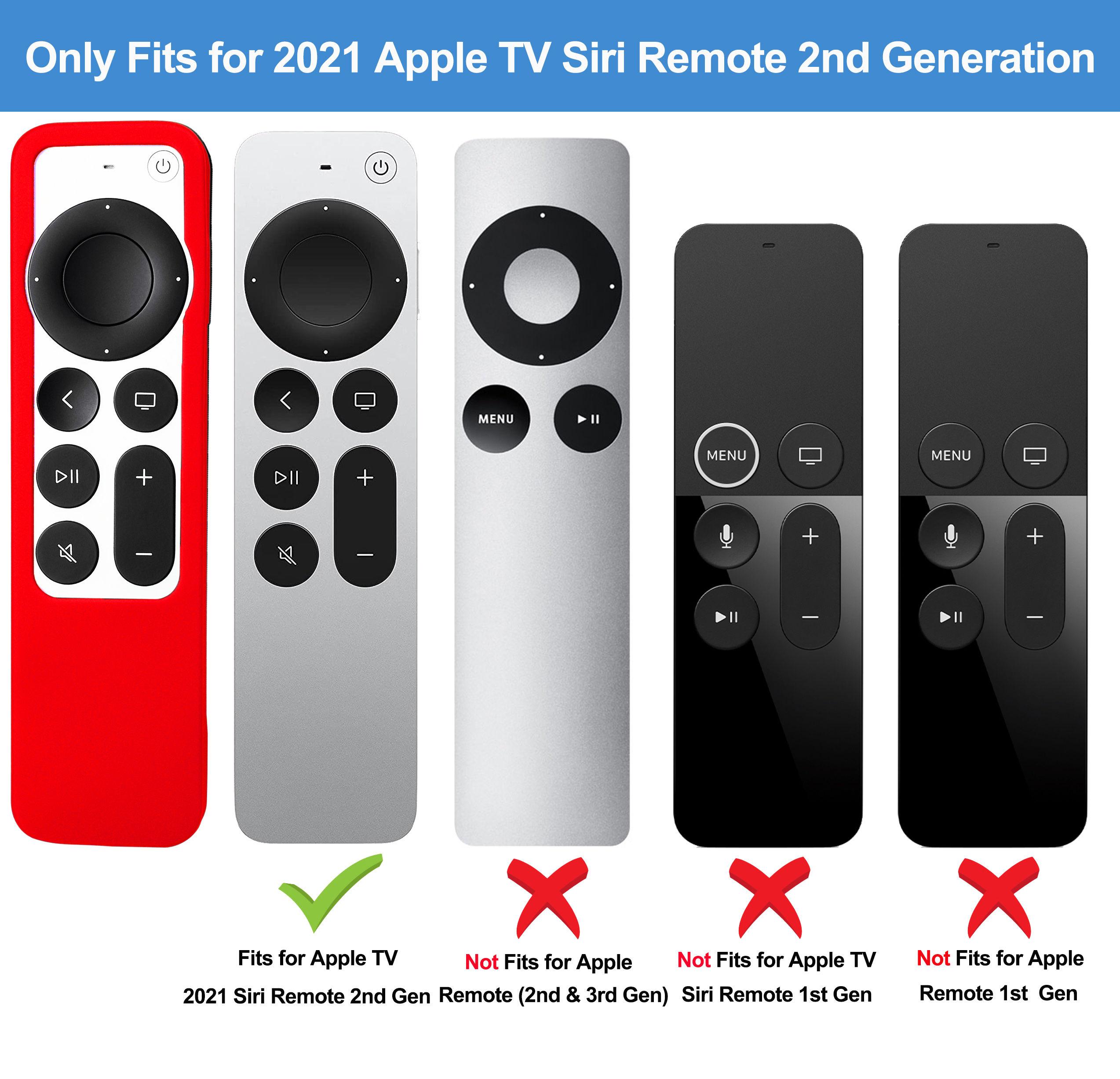 TOKERSE Silicone Case Cover for Apple TV 4K /HD 5th 2021 Siri Remote (2nd Generation) - Anti-Slip Shock Proof Soft Remote Cover Case for Apple TV 2021 4K / HD Siri Remote Controller (2nd Gen) - Red