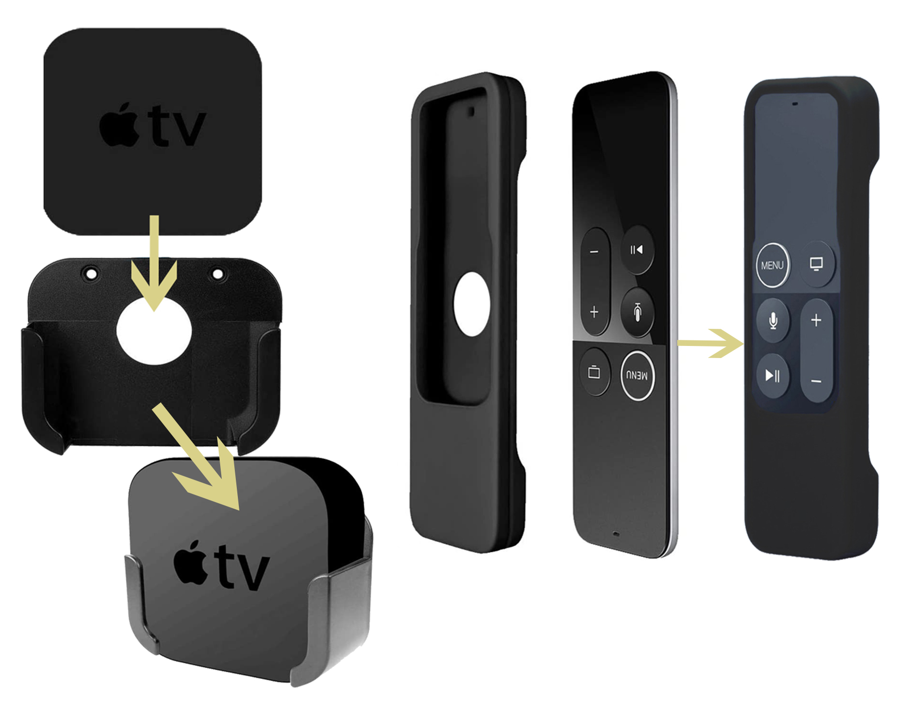 TOKERSE TV Mount with Remote Case Compatible with Apple TV 4th and 4K Generation - Wall Mount Bracket Holder and Siri Remote Silicone Protective Cover Skin Fit for Apple TV 4 HD and 4K 5th Gen - Black